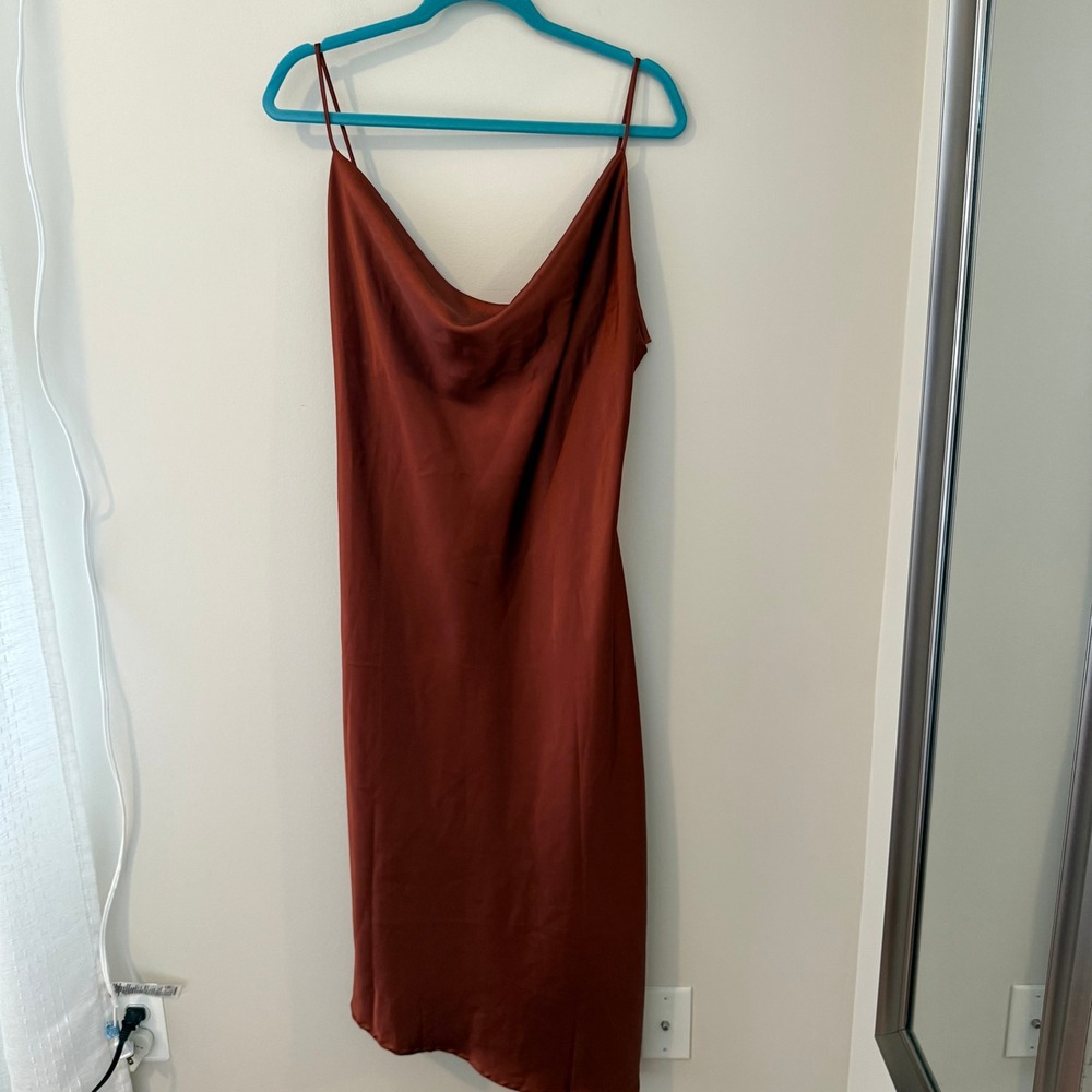 Petal + Pup Rust Satin Cowl Neck Midi Dress Size 10 US Asymmetrical Hem Slit - Picture 2 of 7